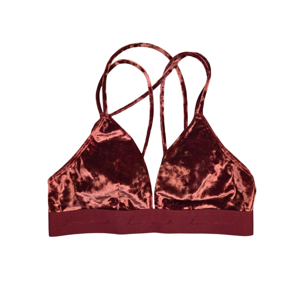 Victoria's Secret PINK Velvet Bralette Burgundy Strappy Back Triangle Bra S NWT
